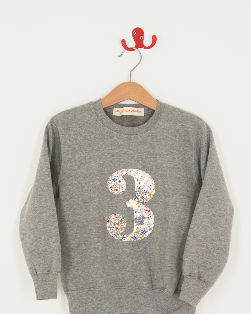 A birthday grey sweatshirt with a number 3 on in Adelajda Liberty fabric.