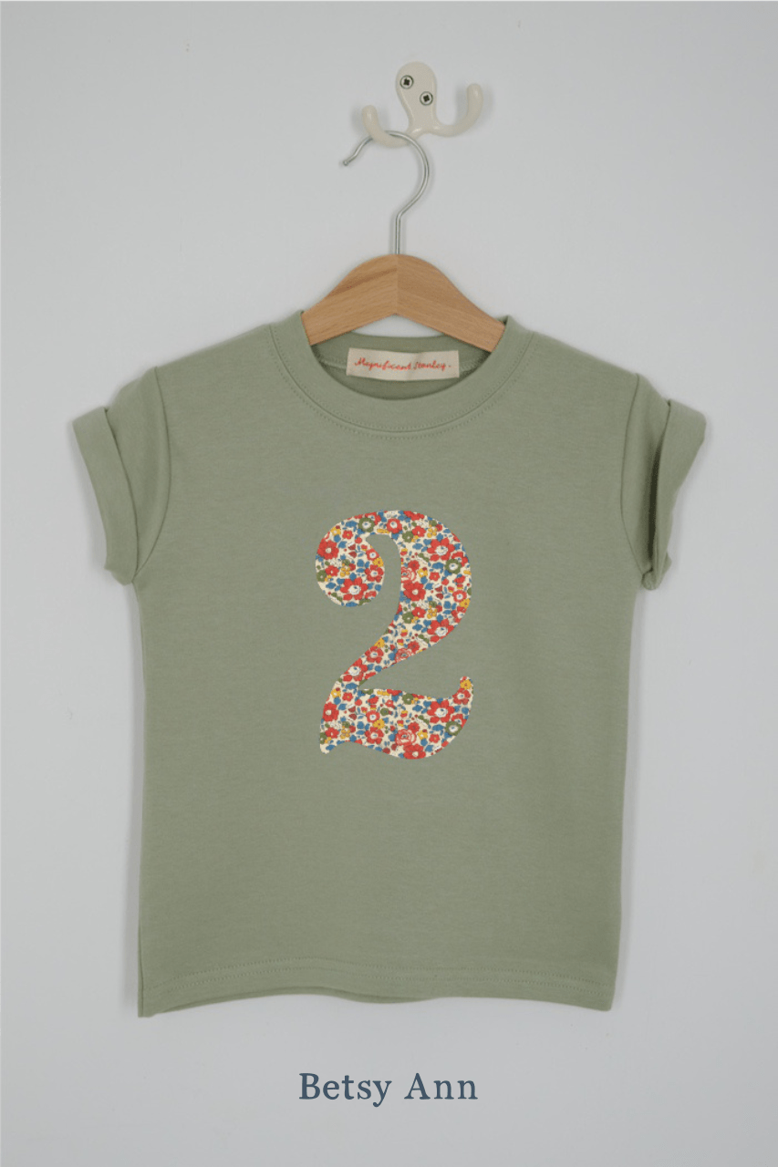 a number 2nd birthday kids sage green t-shirt with a number cut from Betsy Ann floral liberty print on the front.