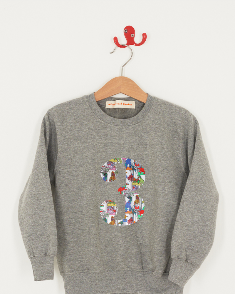 A birthday grey sweatshirt with a number 3 on in Dinosaurs Liberty fabric.