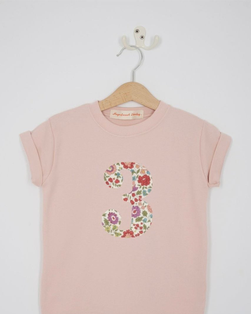 a pink birthday t-shirt with a number 3 cut from d'anjo liberty floral print on the front