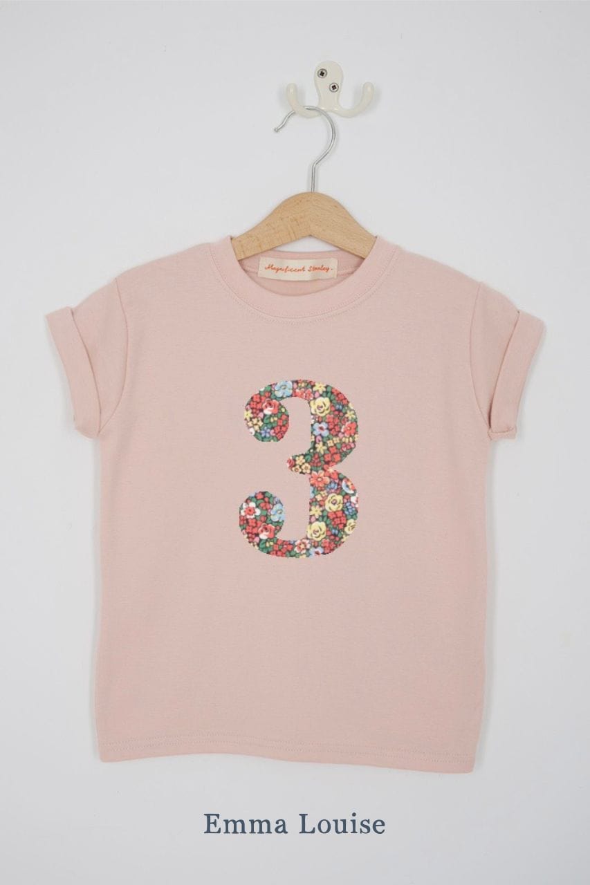 a pink 3rd birthday t-shirt with a number 3 cut from emma louise liberty floral print on the front