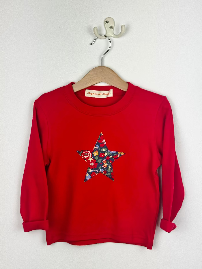Red sweatshirt with a Liberty floral and shimmery star design on a hanger against a white background