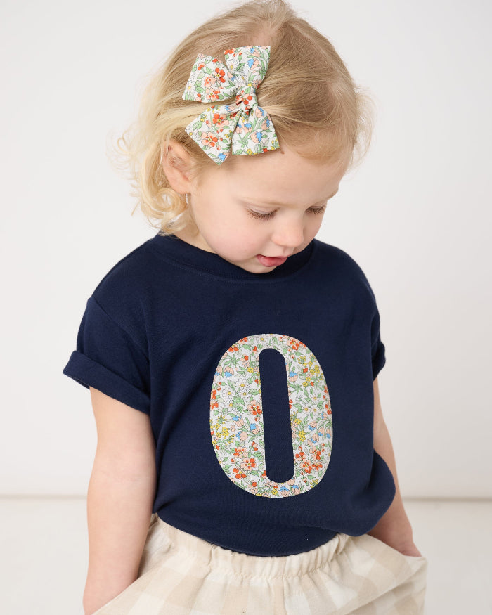 Child wearing a navy blue shirt with a floral number '0' on a white background