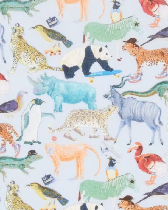A swatch of Liberty tana lawn print Quey 2 featuring quirky zoo animals