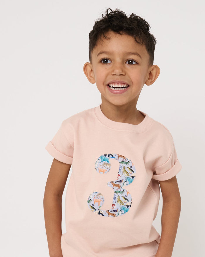 Child wearing a pink t-shirt with a quey 2 zoo animal Liberty number 3 design and light blue shorts on a white background