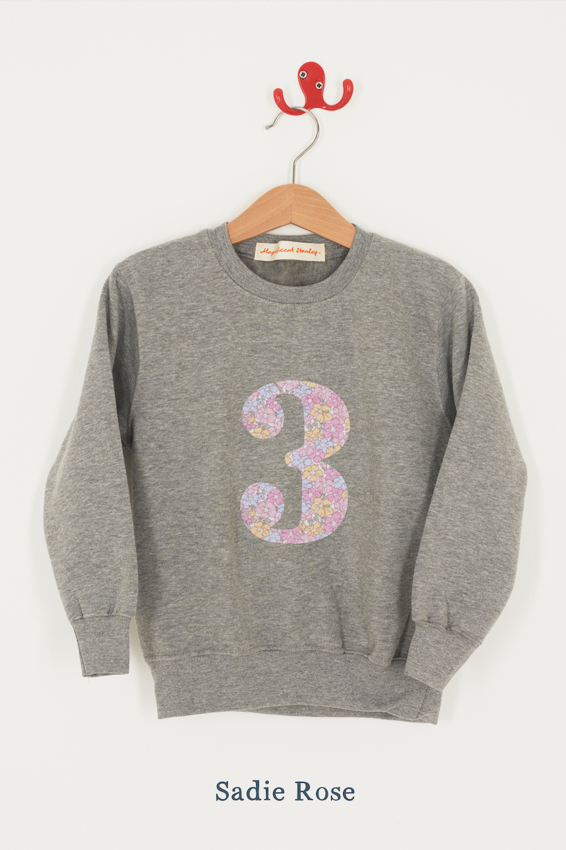 A birthday grey sweatshirt with a number 3 on in Sadie RoseLiberty fabric.