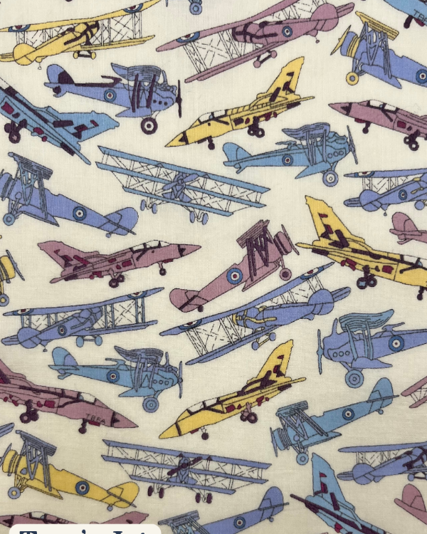 Tom's Jet Liberty print tana lawn cotton featuring a vintage plane print pattern