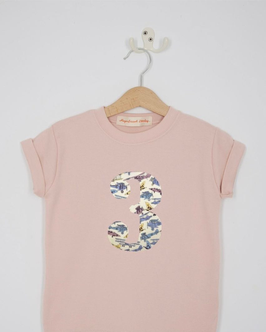 a pink 3rd birthday t-shirt with a number 3 cut from tom's jet liberty vintage planes print on the front