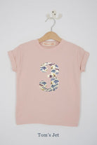 a pink 3rd birthday t-shirt with a number 3 cut from tom's jet liberty vintage planes print on the front