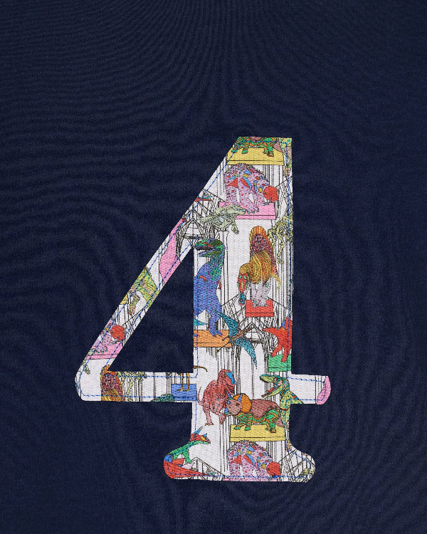 a navy kids t-shirt with a colourful number 4 design in Liberty dinosaur print