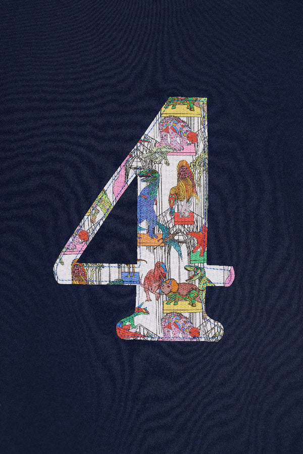 a navy kids t-shirt with a colourful number 4 design in Liberty dinosaur print