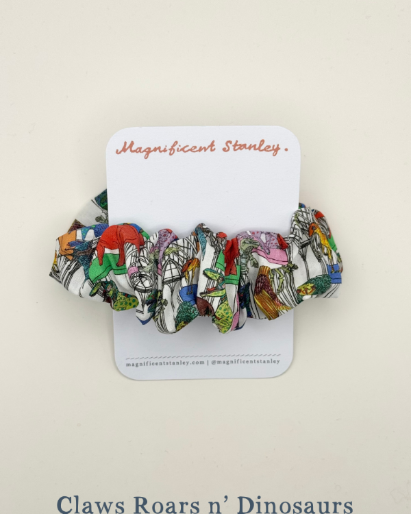Magnificent Stanley Liberty print hair scrunchie in claws roars n dinosaurs print