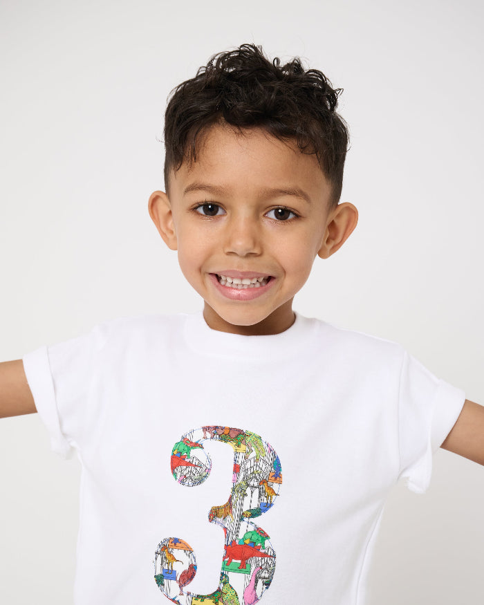 A smiling 3 year old boy wearing a white kids T-Shirt with a number 3 on the front in Dinosaur Liberty Print