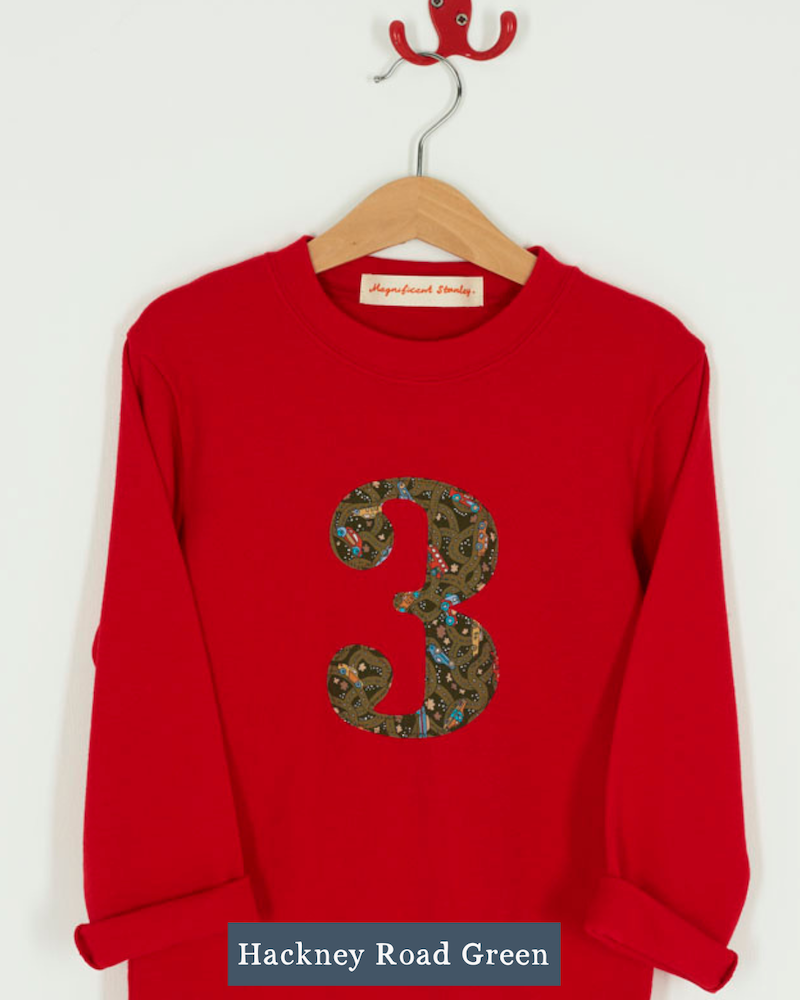 a Magnificent Stanley long sleeve Red birthday T-Shirt with the number 3 on the front in Hackney road green vintage cars Liberty Print