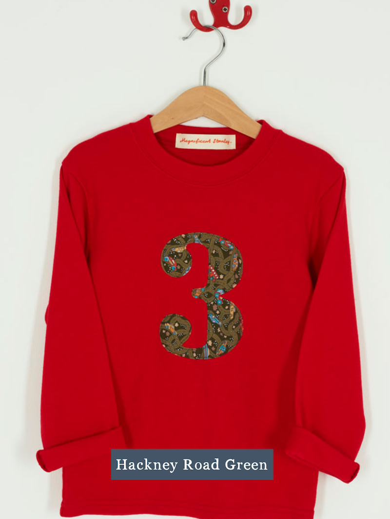 a Magnificent Stanley long sleeve Red birthday T-Shirt with the number 3 on the front in Hackney road green vintage cars Liberty Print
