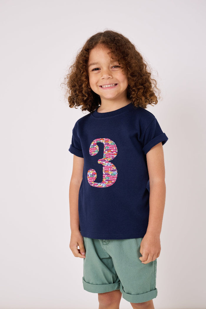 a 3 year old boy wearing a navy cotton kids birthday t-shirt with the number 3 in a red Hop on hop off Liberty print.
