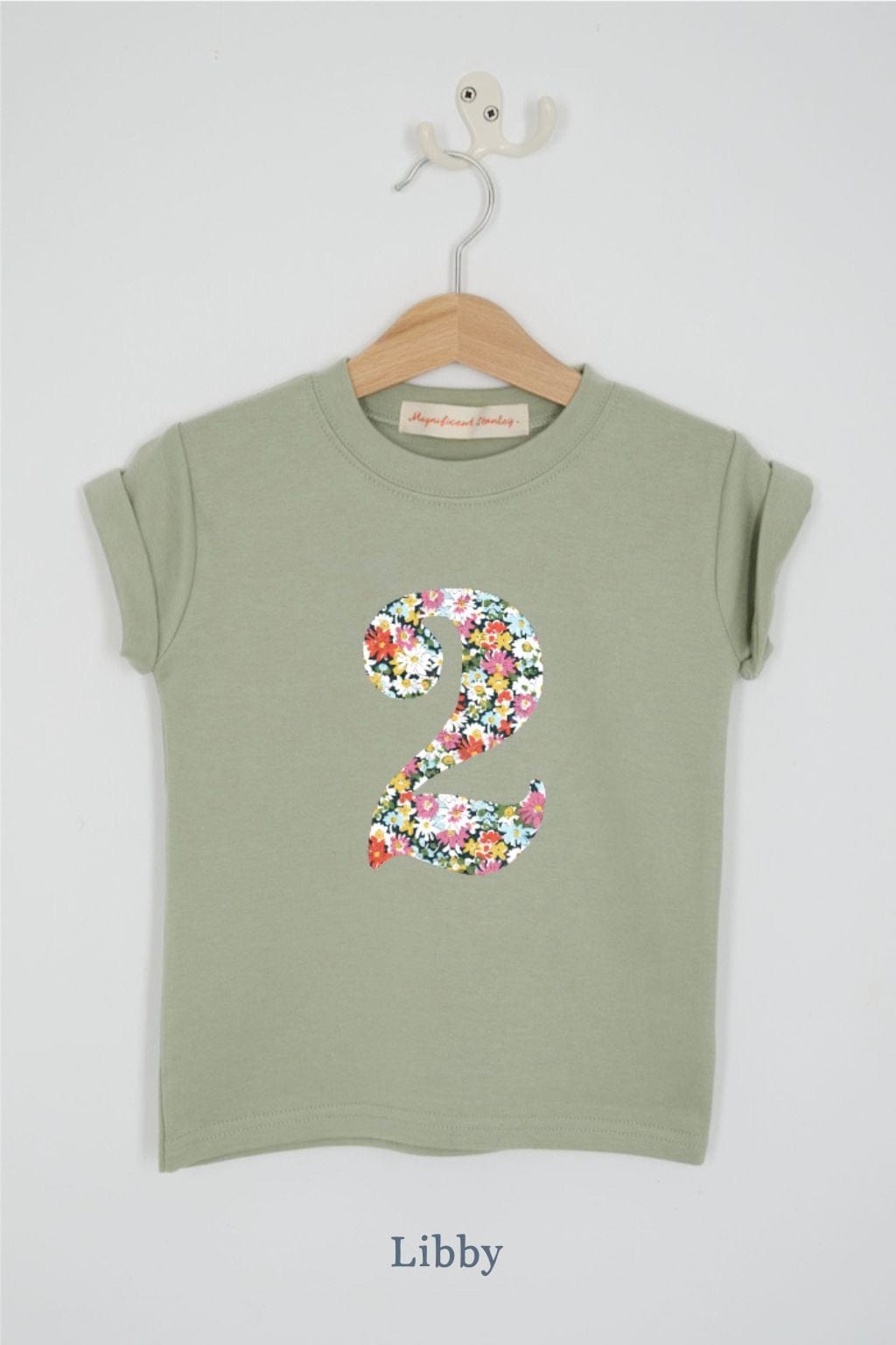 a number 2nd birthday kids sage green t-shirt with a number cut from libby floral liberty print on the front.