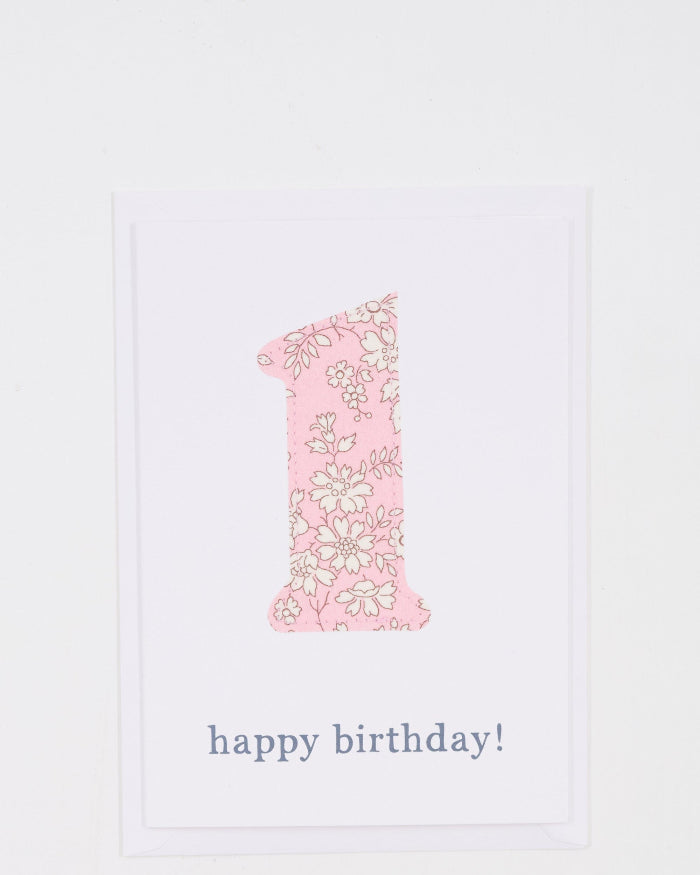 Magnificent Stanley Capel  Liberty Print 1st birthday card white card with a number 1 sewn onto it