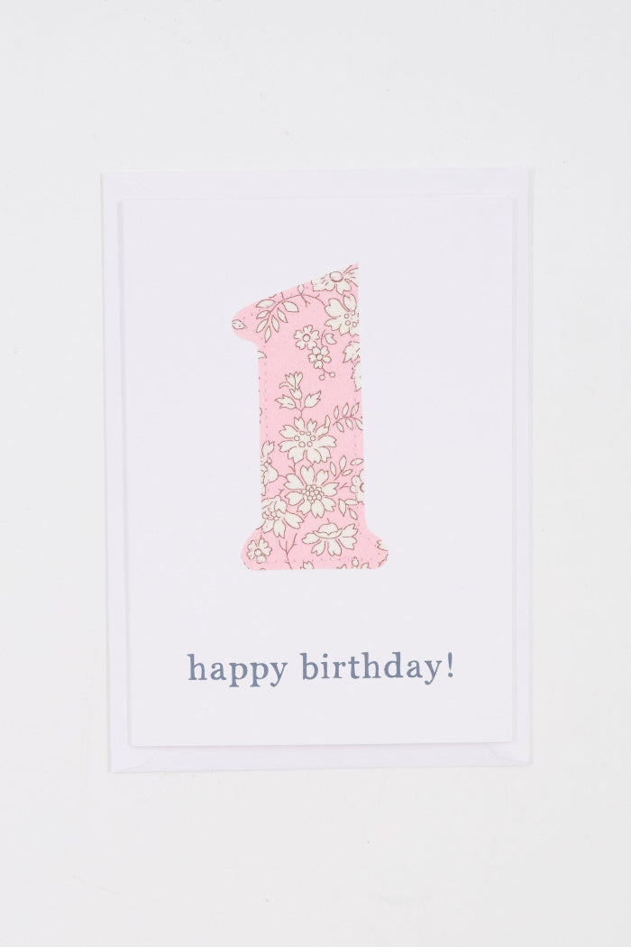 Magnificent Stanley Capel Liberty Print 1st birthday card white card with a number 1 sewn onto it
