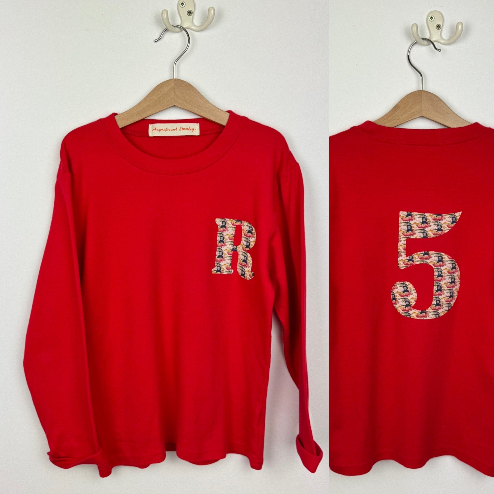 Magnificent Stanley Small 'R' Large 5 back Samols Red L/S Tee 5-6yrs