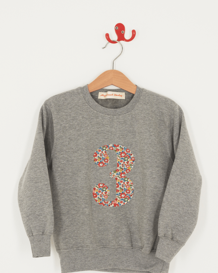 A birthday grey sweatshirt with a number 3 on in Betsy floral Liberty fabric.
