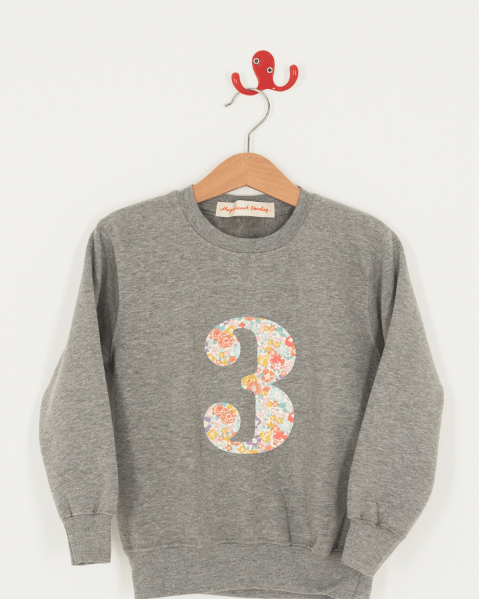 A birthday grey sweatshirt with a number 3 on in Betsy floral Liberty fabric.