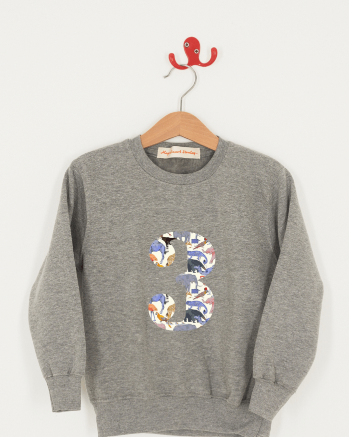 A birthday grey sweatshirt with a number 3 on in zoo animal Liberty fabric.