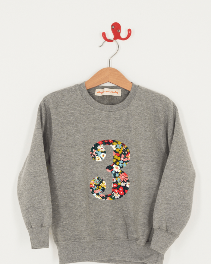 A birthday grey sweatshirt with a number 3 on in Betsy floral Liberty fabric.