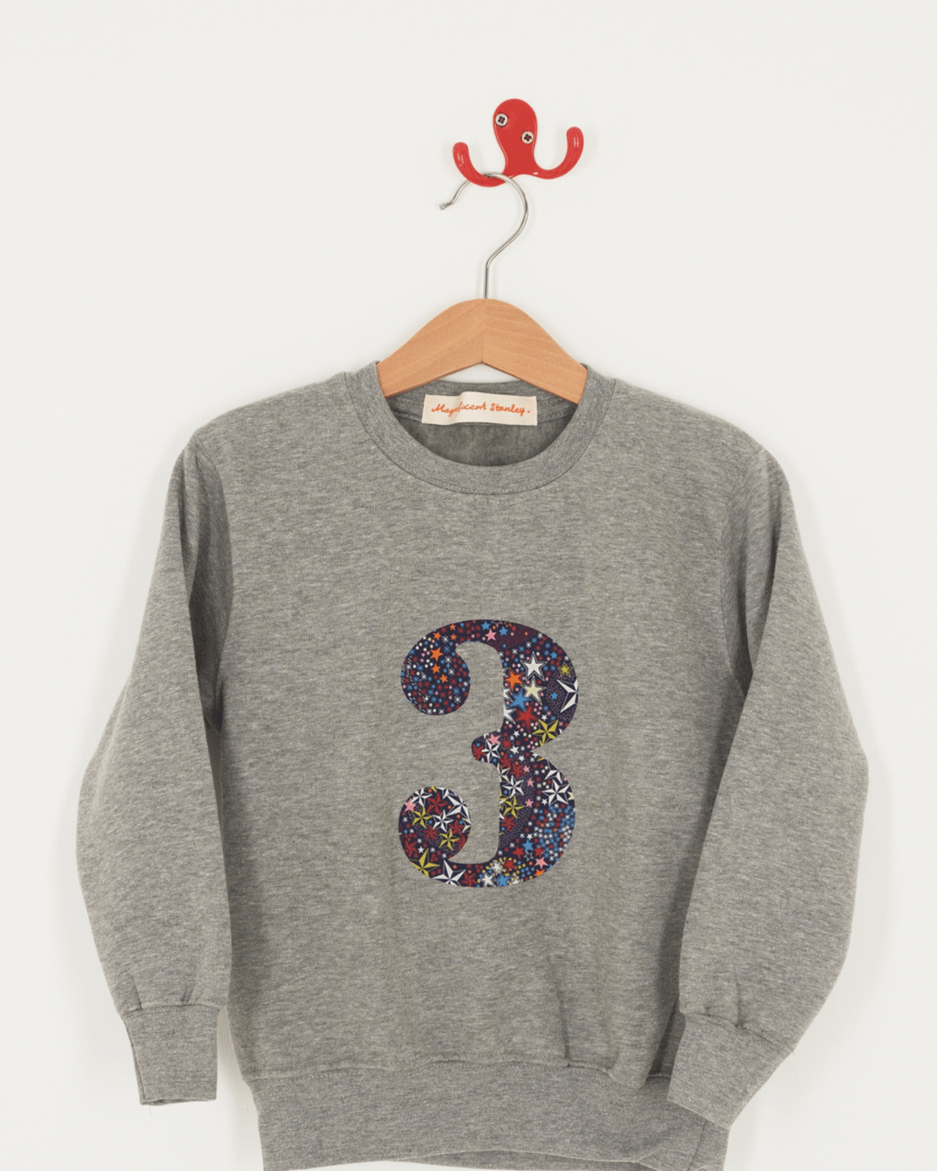 A birthday grey sweatshirt with a number 3 on in Adelajda star Liberty fabric.