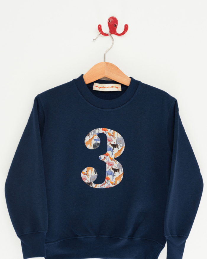 A birthday kids navy sweatshirt with a number 3 initial on in Queue for the Zoo  animal Liberty fabric.
