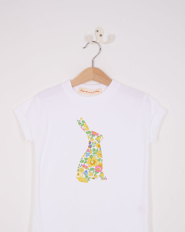 a white cotton t-shirt with a floral betsy liberty print bunny on the front.