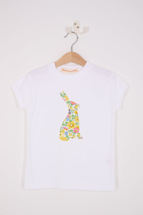a white cotton t-shirt with a floral betsy liberty print bunny on the front.
