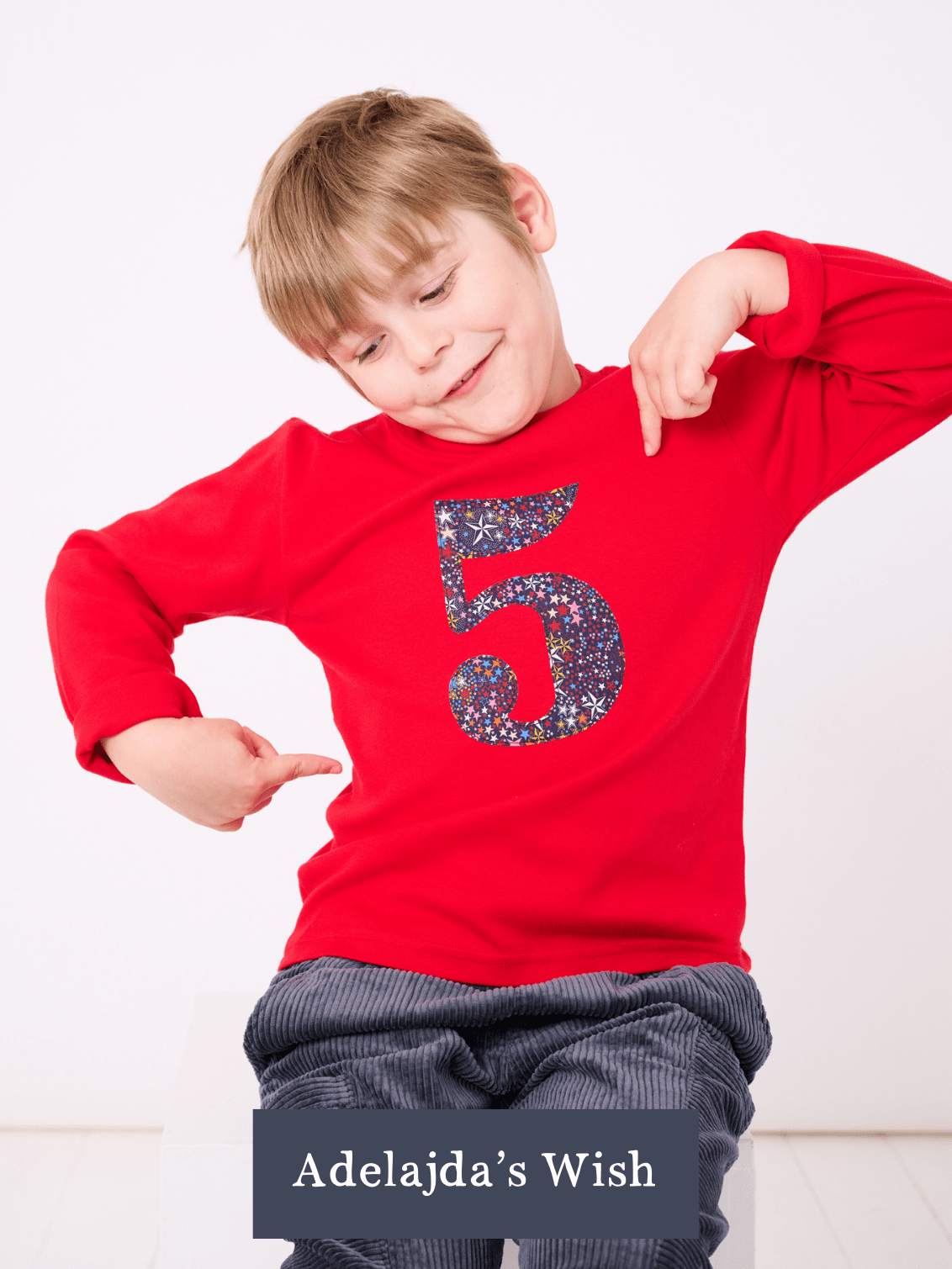 a Magnificent Stanley long sleeve Red birthday T-Shirt with the number 5 on the front in Adelajda star Liberty Print
