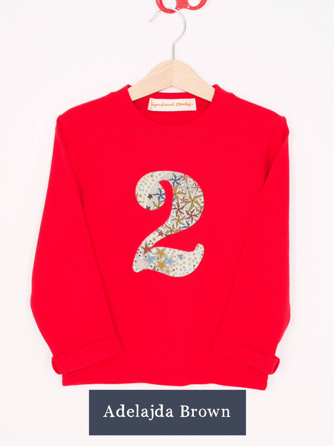 a Magnificent Stanley long sleeve Red birthday T-Shirt with the number 2 on the front in Adelajda star Liberty Print