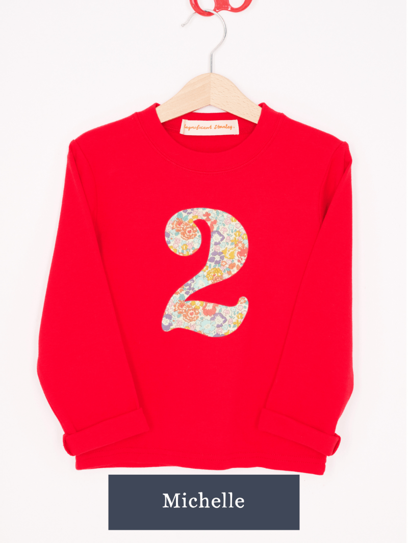 a Magnificent Stanley long sleeve Red birthday T-Shirt with the number 2 on the front in michelle floral Liberty Print
