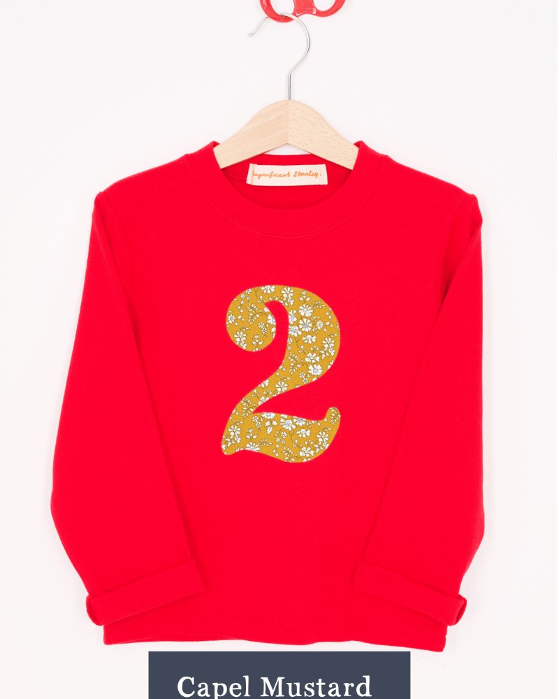 a Magnificent Stanley long sleeve Red birthday T-Shirt with the number 2 on the front in capel mustard floral Liberty Print