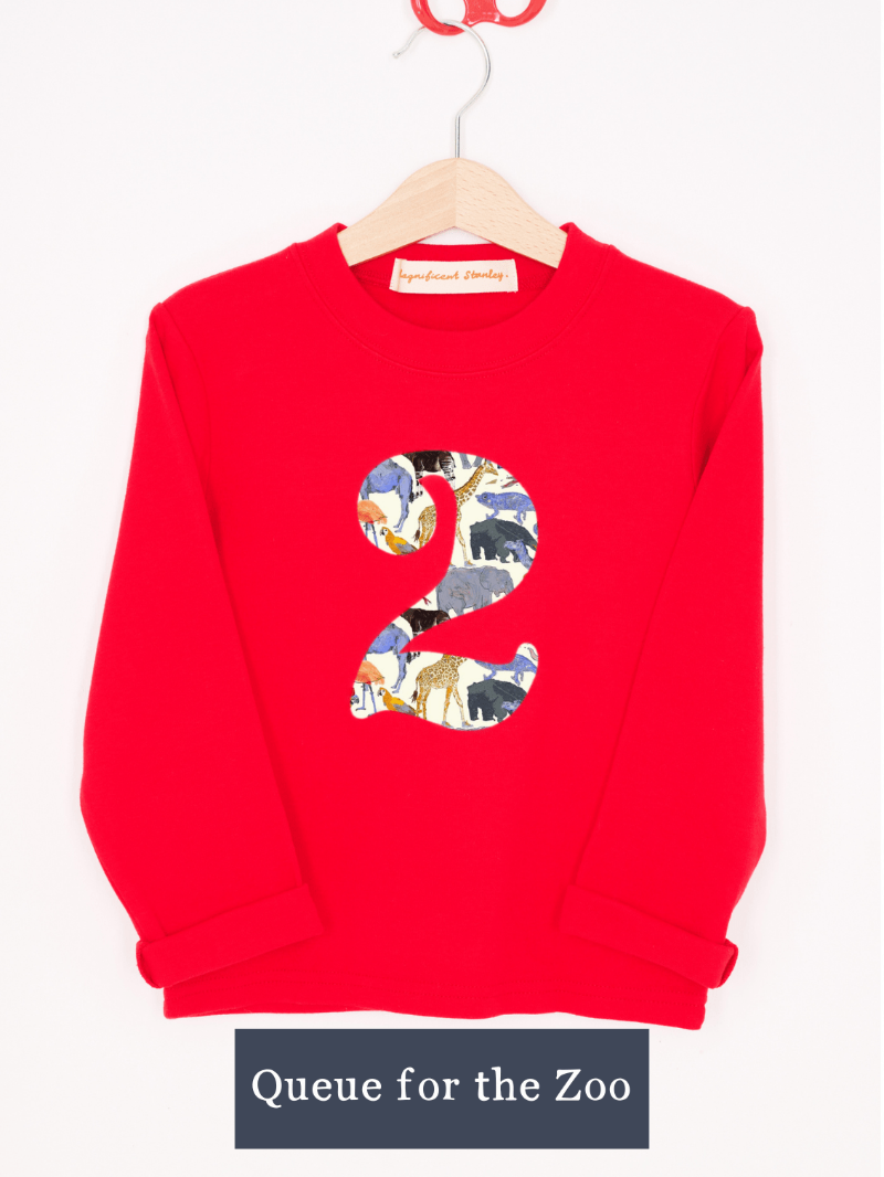 a Magnificent Stanley long sleeve Red birthday T-Shirt with the number 2 on the front in Queue for the zoo animal Liberty Print