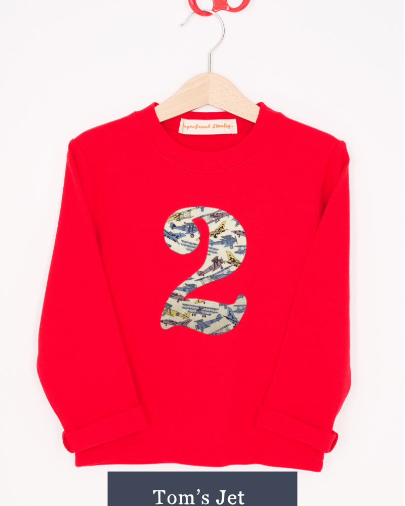 a Magnificent Stanley long sleeve Red birthday T-Shirt with the number 2 on the front in Tom's Jet plane Liberty Print