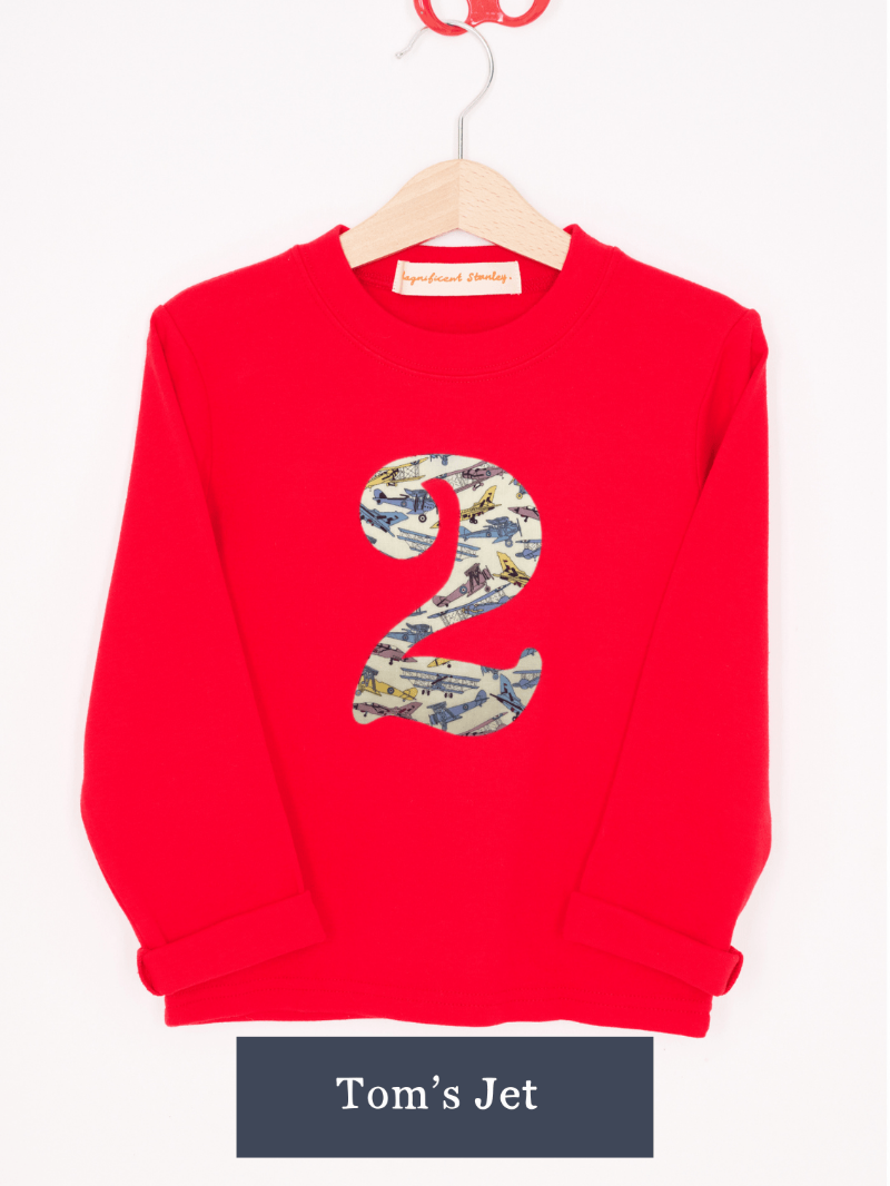 a Magnificent Stanley long sleeve Red birthday T-Shirt with the number 2 on the front in Tom's Jet plane Liberty Print