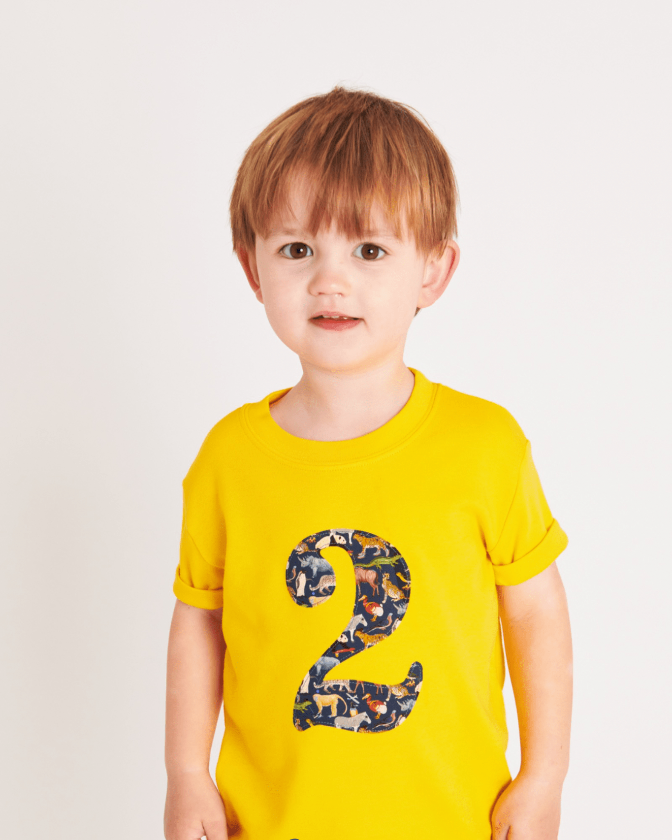 a yellow birthday t-shirt with a number 2 cut from quey 2 liberty animal print on the front.