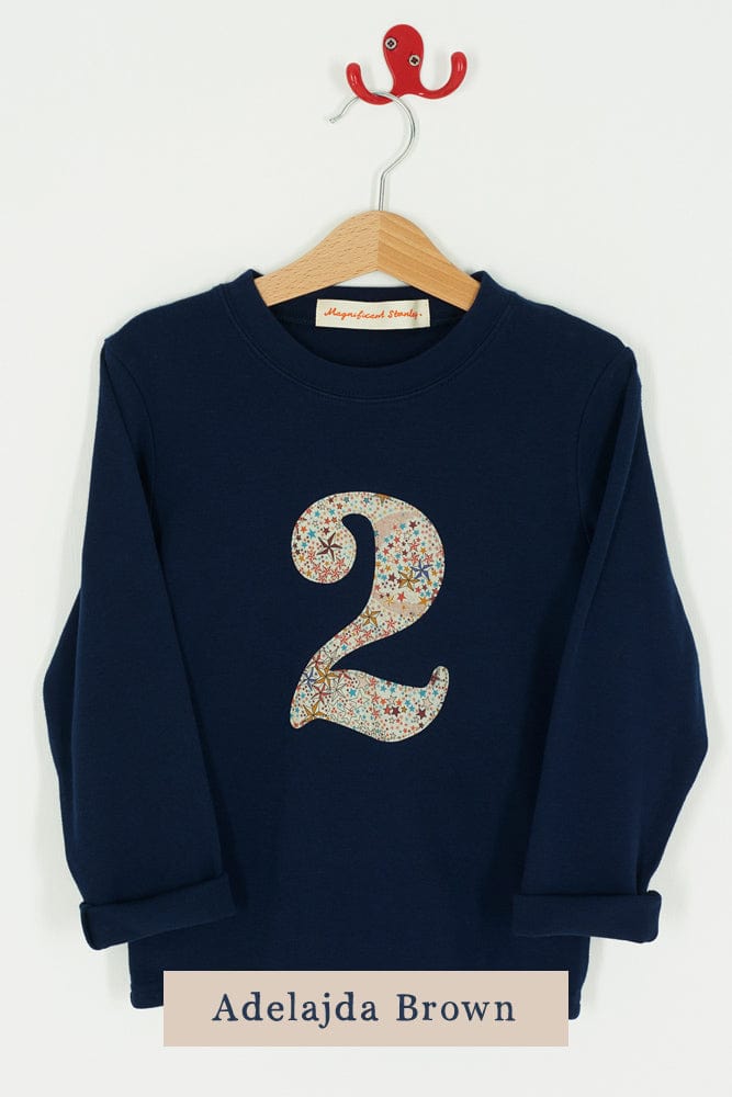 a navy cotton t-shirt with the number 2 on the front cut from adelajda liberty print