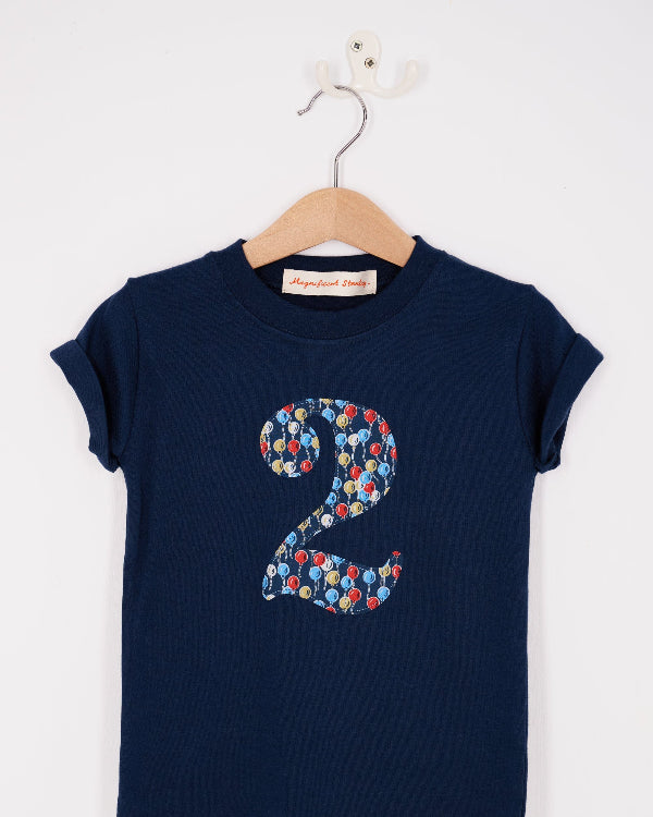 a kids Number 4 cotton Navy birthday T-Shirt in Ethan's Party Liberty Print.