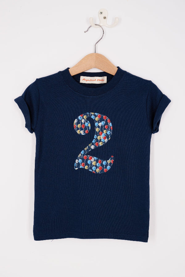 a kids Number 4 cotton Navy birthday T-Shirt in Ethan's Party Liberty Print.