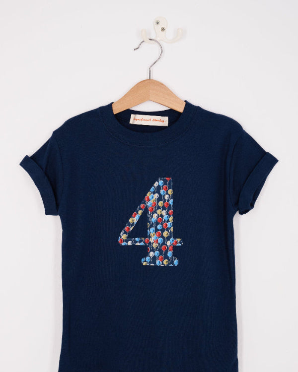 a kids Number 4 cotton Navy birthday T-Shirt in Ethan's Party Liberty Print.