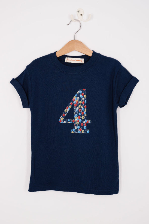 a kids Number 4 cotton Navy birthday T-Shirt in Ethan's Party Liberty Print.