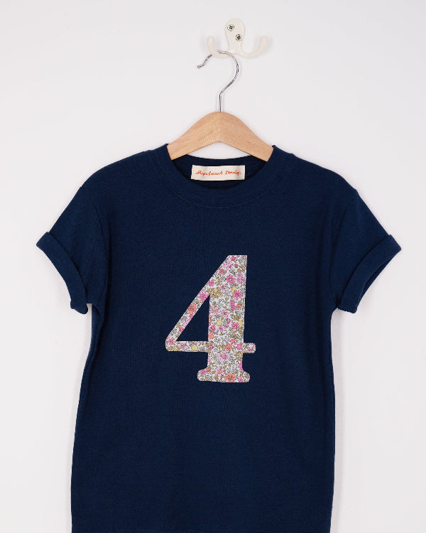 a Magnificent Stanley kids Number Navy T-Shirt in Fruit Punch Liberty Print.