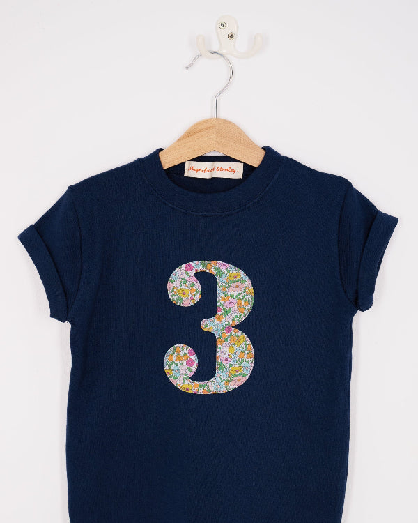 a Magnificent Stanley kids Number 3 Navy T-Shirt in Poppy Forest Liberty Print.