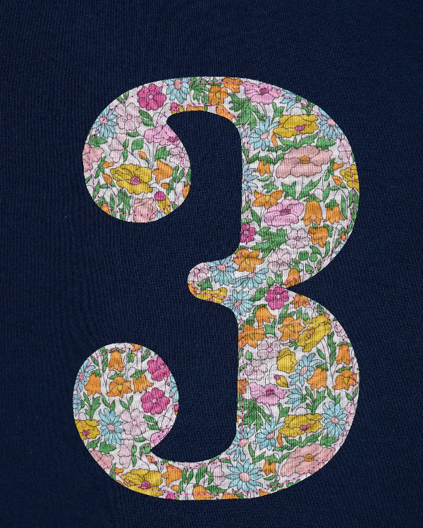 a Magnificent Stanley kids Number 3 Navy T-Shirt in Poppy Forest Liberty Print.