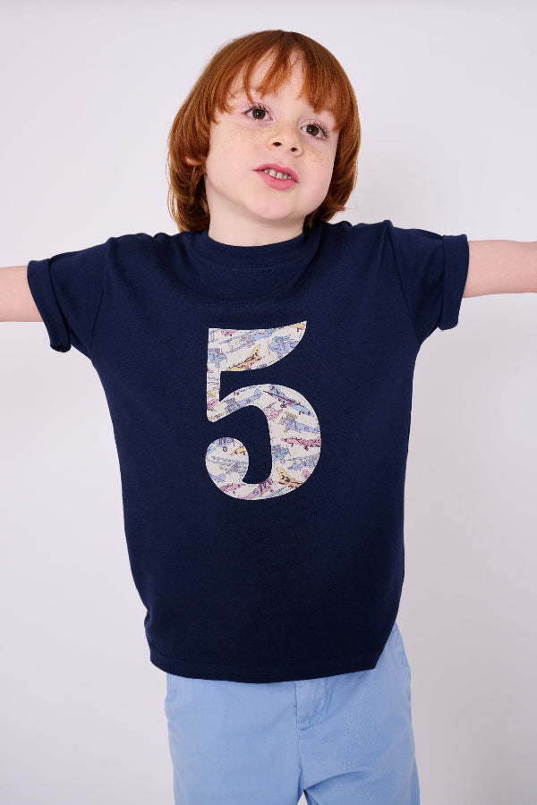 a five year old birthday boy wearing a Magnificent Stanley kids Number Navy T-Shirt in Tom's Jet Liberty Print