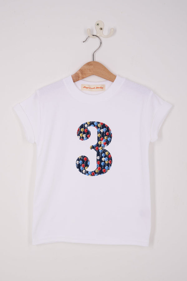 a number 3 white cotton birthday T-Shirt in Ethan's Party balloon Liberty Print.